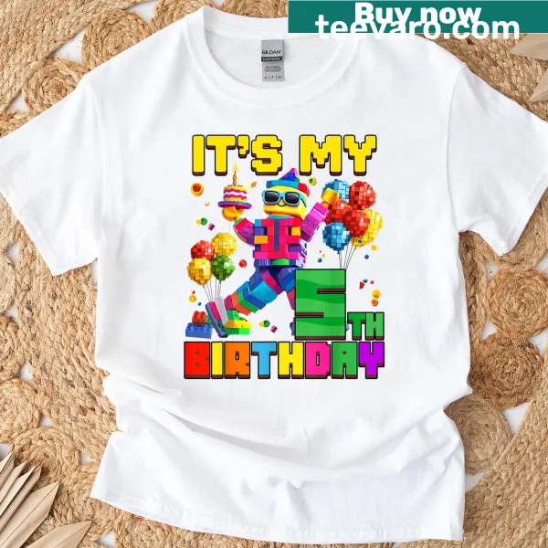 Boys' birthday t-shirt featuring building brick graphic and text