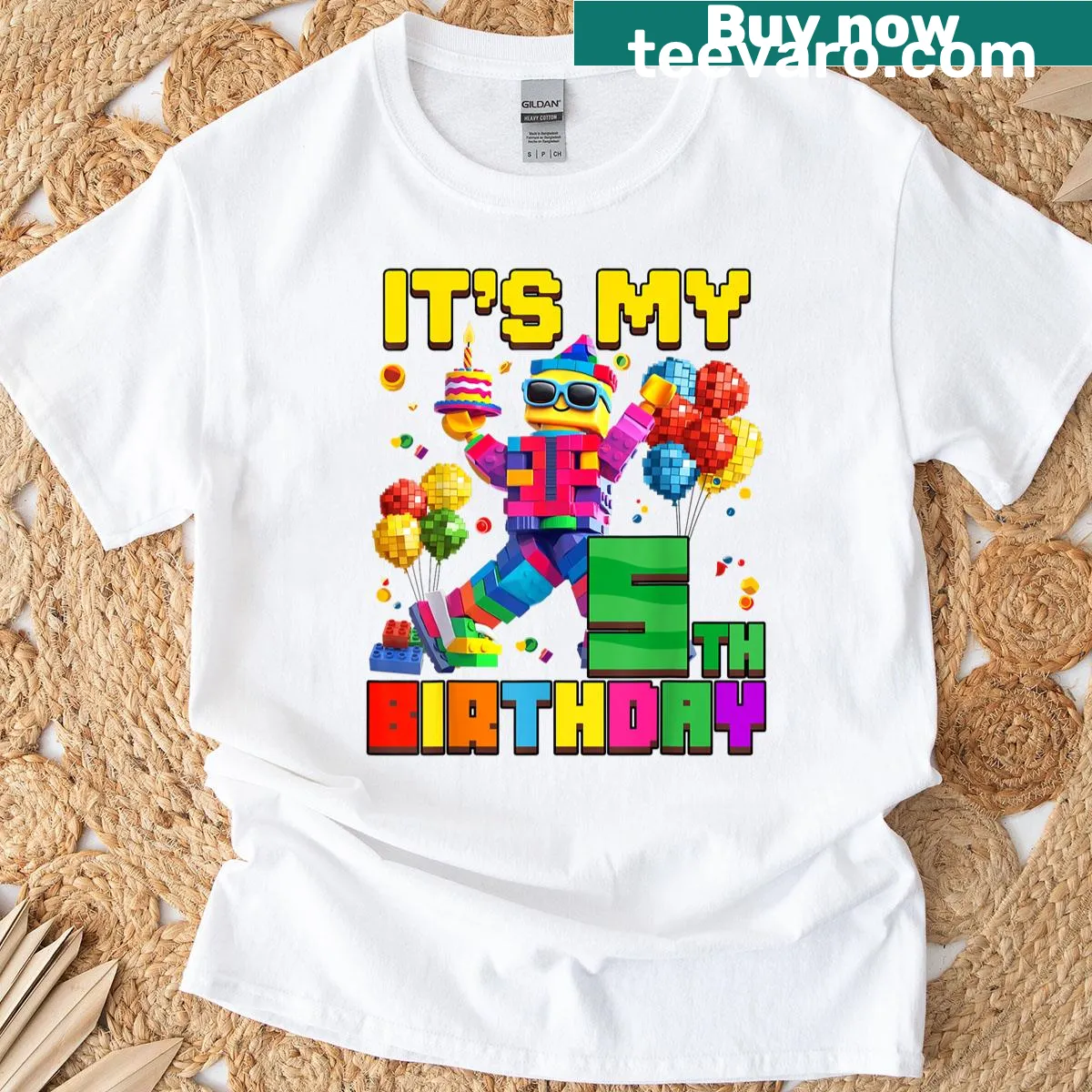 Boys' birthday t-shirt featuring building brick graphic and text — on a men's t-shirt