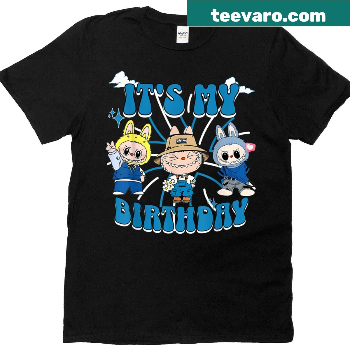 Birthday-themed T-shirt featuring cute Labubu Monsters — on a men's t-shirt