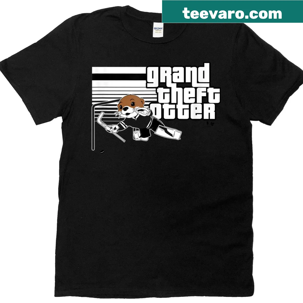 Hockey T-shirt featuring 'Grand Theft Otter' for fans of Jake Oettinger. — on a men's t-shirt