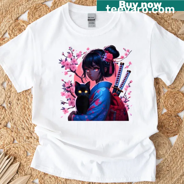 Illustration of samurai girl with a black cat on a T-shirt.