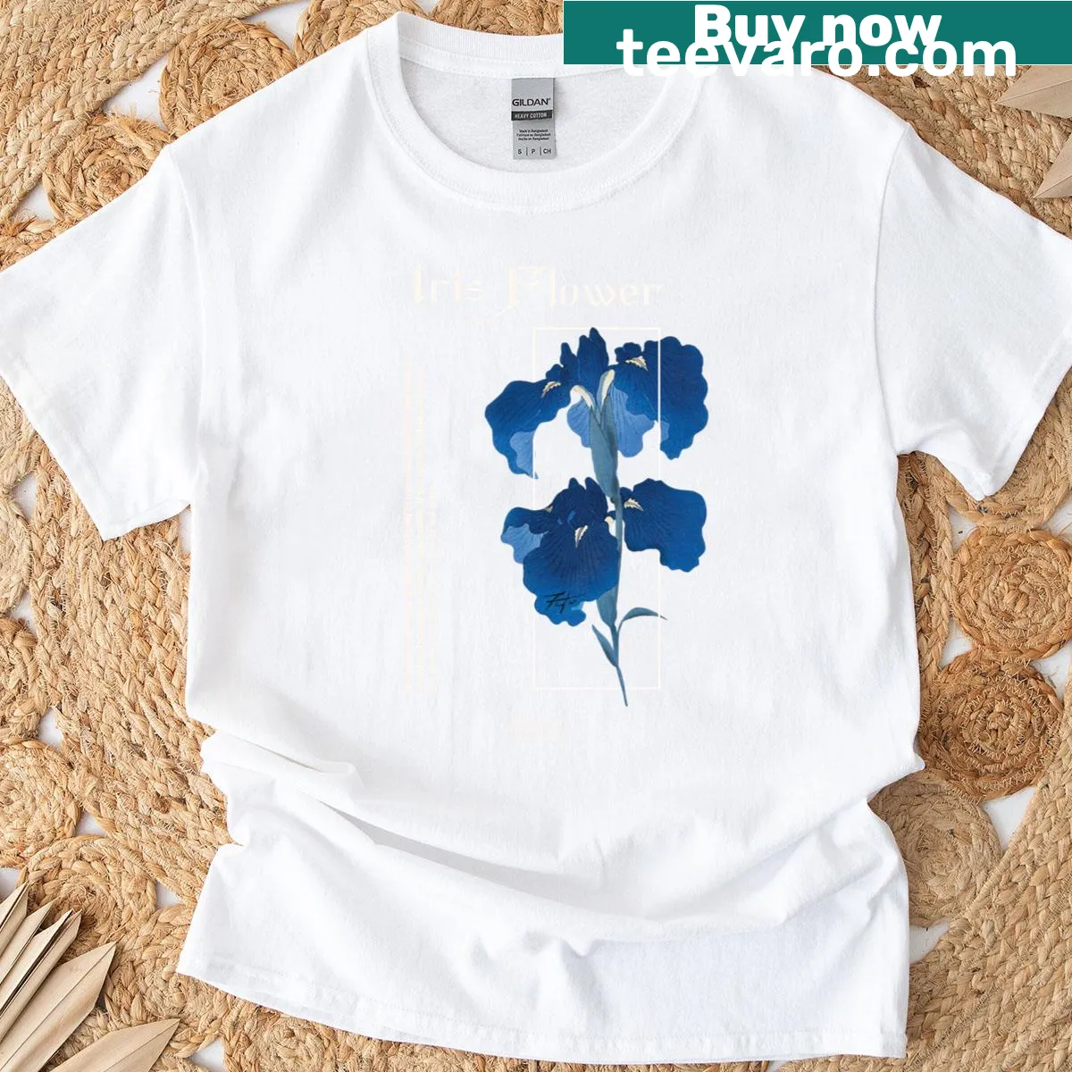 T-shirt featuring a soft grunge illustration of Japanese Ayame Iris flower — on a men's t-shirt
