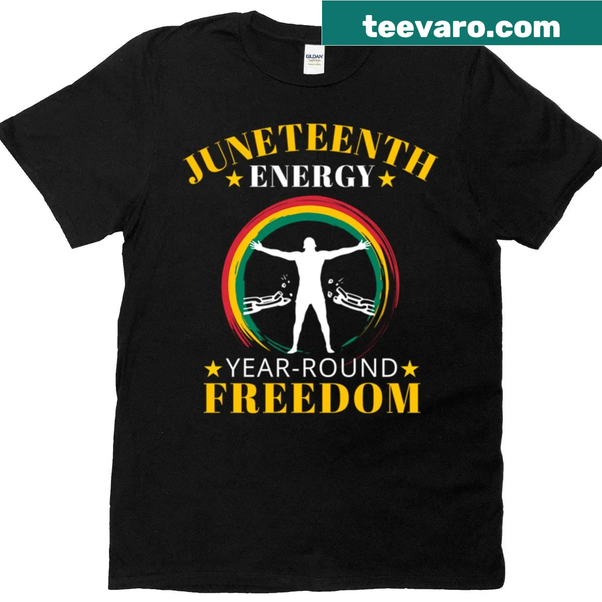Typographic Juneteenth freedom message t-shirt. — on a men's t-shirt