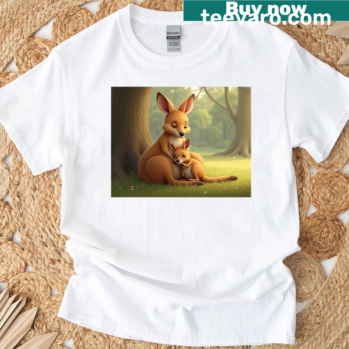 Oversized T-shirt featuring a kangaroo and its joey design — on a men's t-shirt
