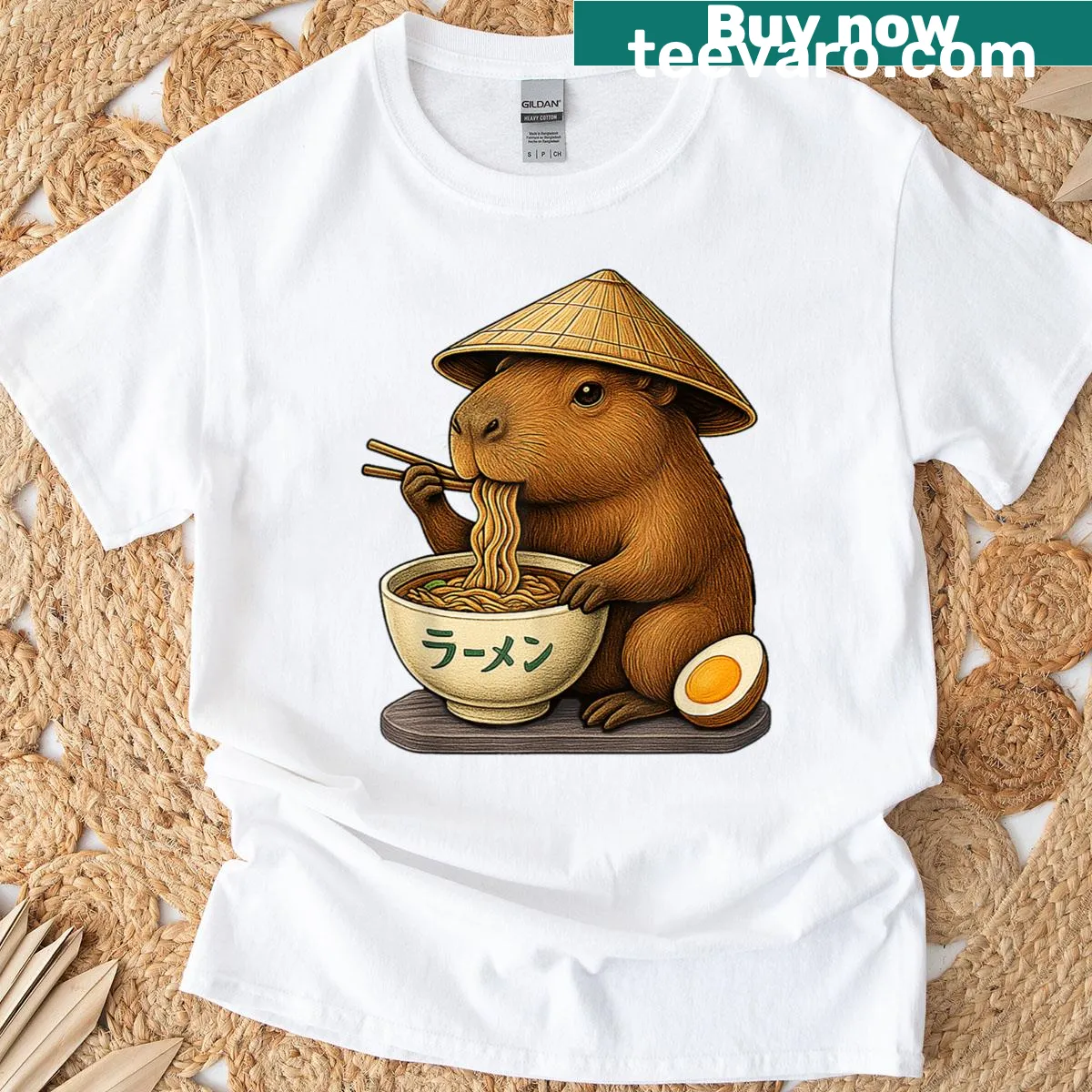 Graphic tee featuring a cute capybara eating ramen, perfect for kids — on a men's t-shirt