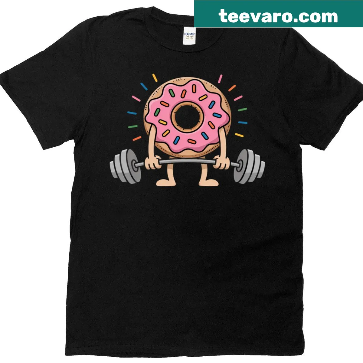 Cartoon donut lifting weights on T-shirt — on a men's t-shirt