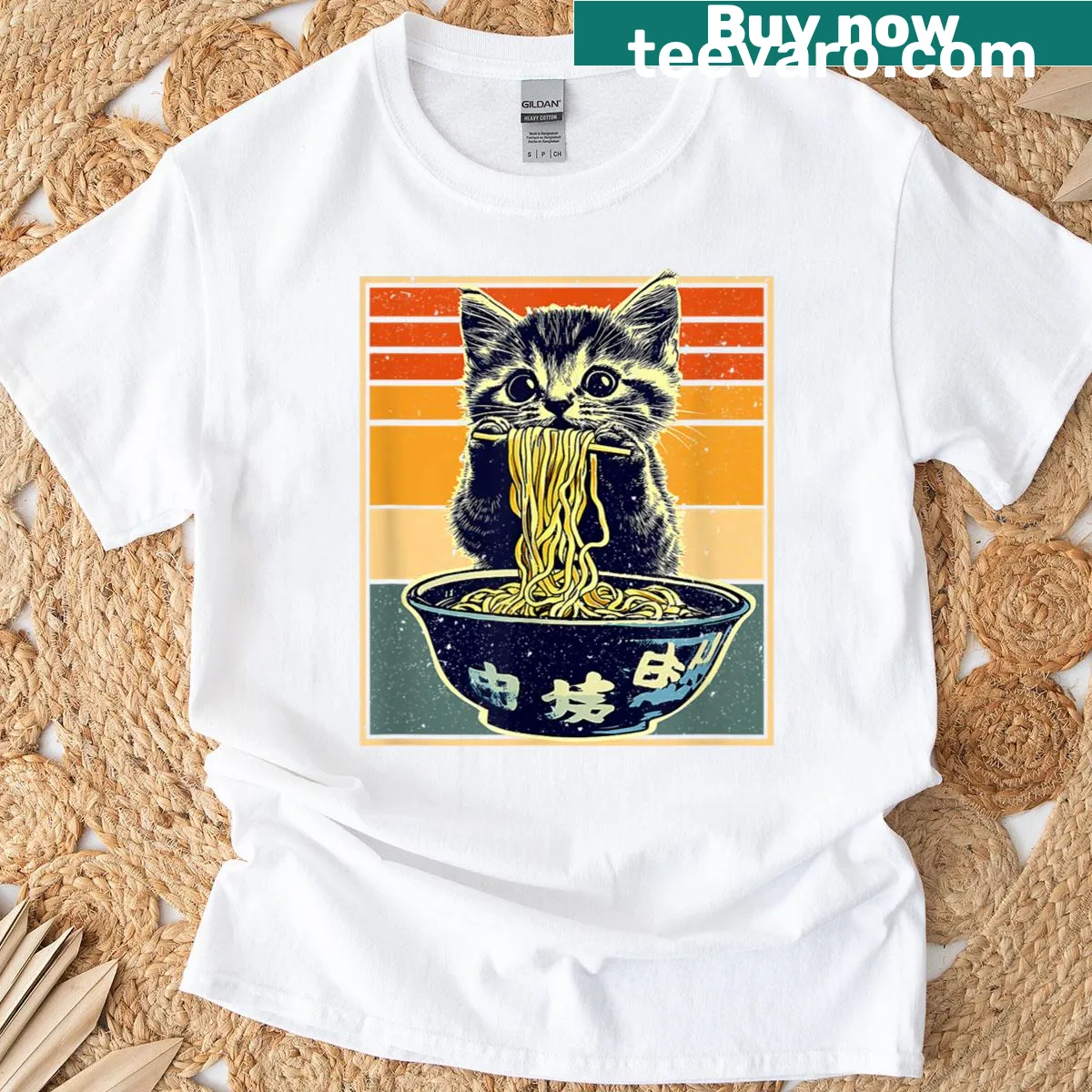 Funny t-shirt featuring a kawaii cat eating ramen noodles — on a men's t-shirt