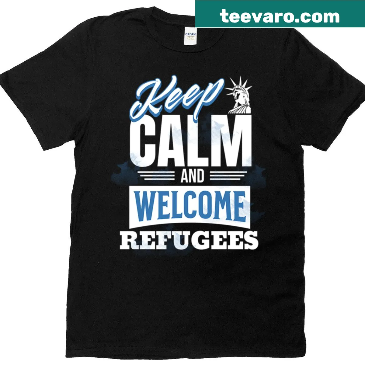 Bold text promoting kindness and welcoming refugees on T-shirt — on a men's t-shirt