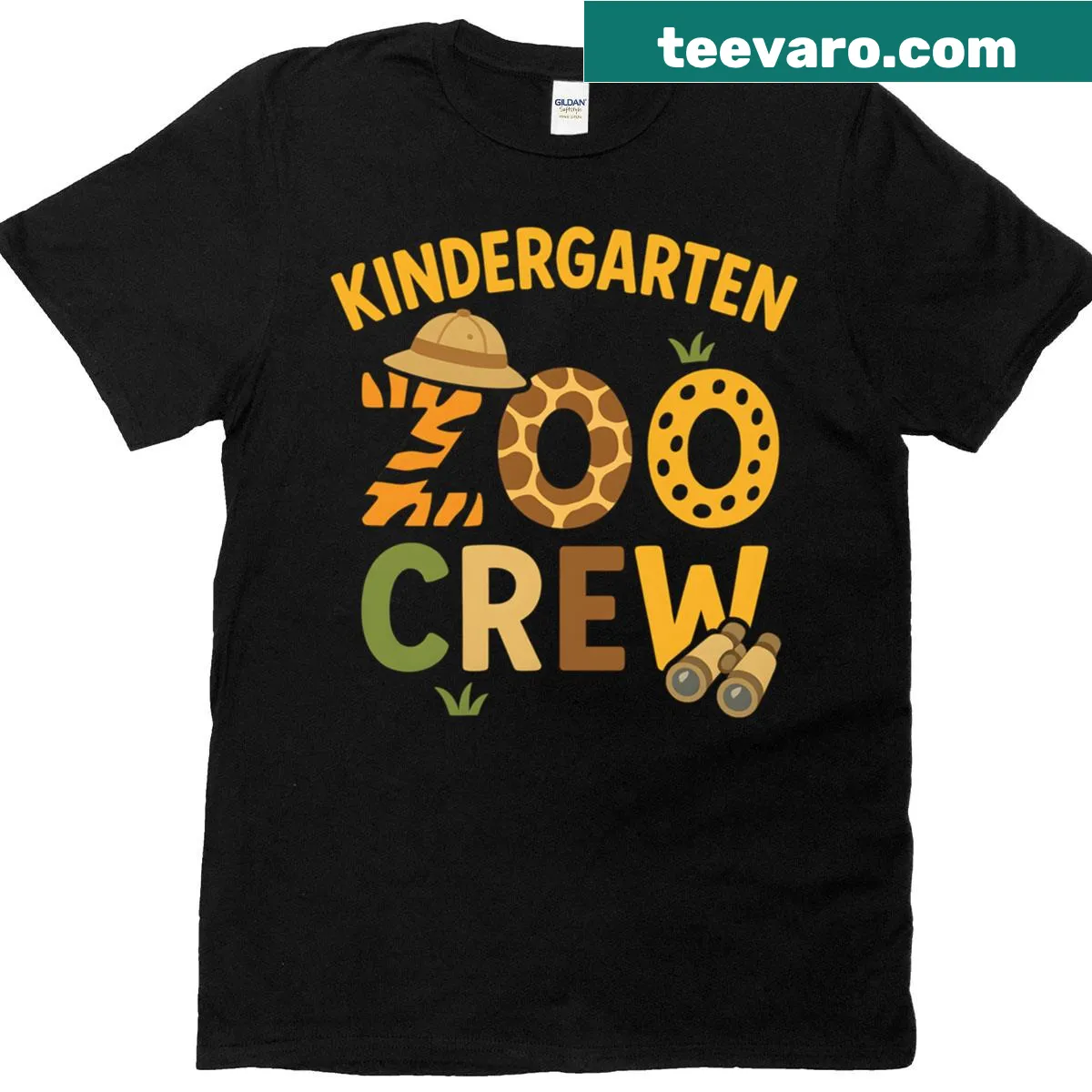 Cute cartoon T-shirt featuring Kindergarten Zoo Crew animals — on a men's t-shirt