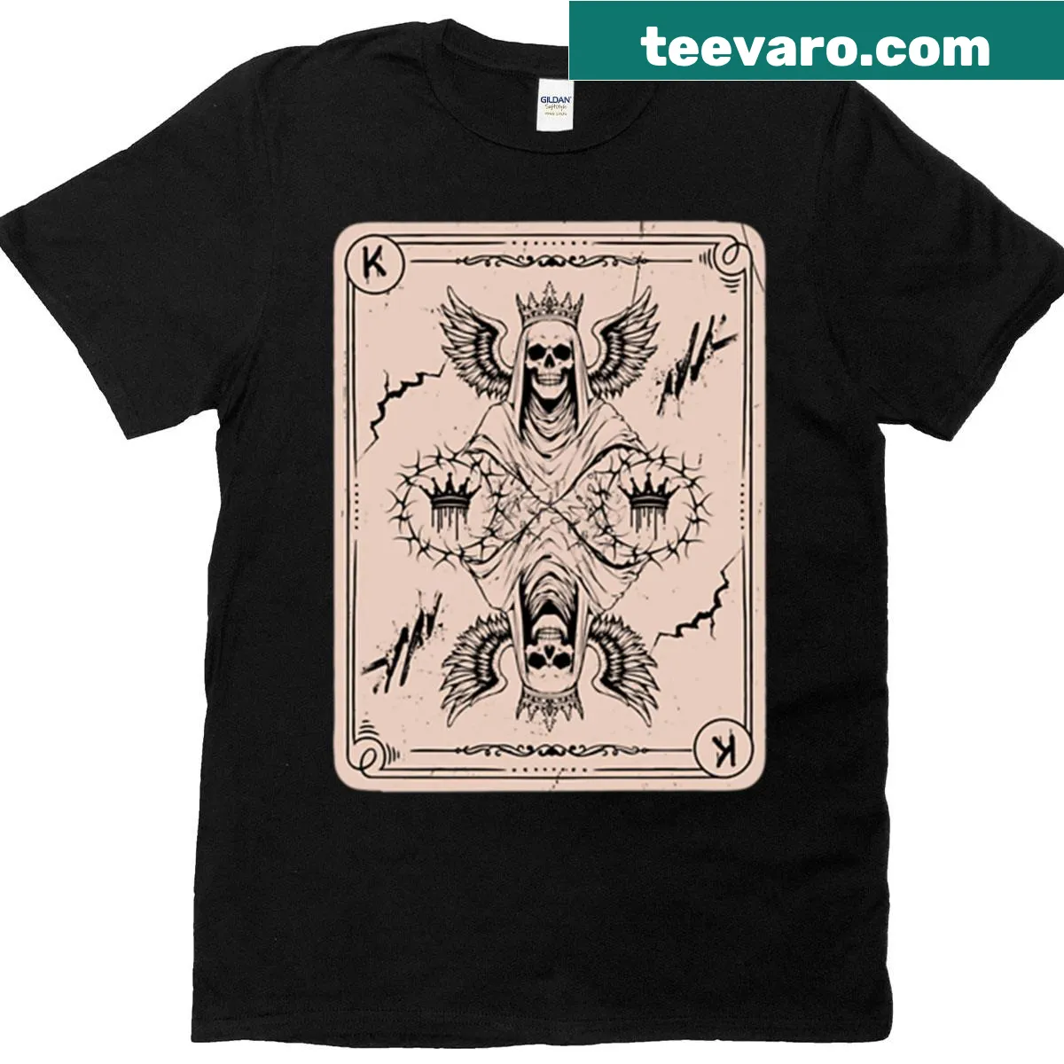 Playing card-inspired T-shirt featuring a skeleton king design — on a men's t-shirt