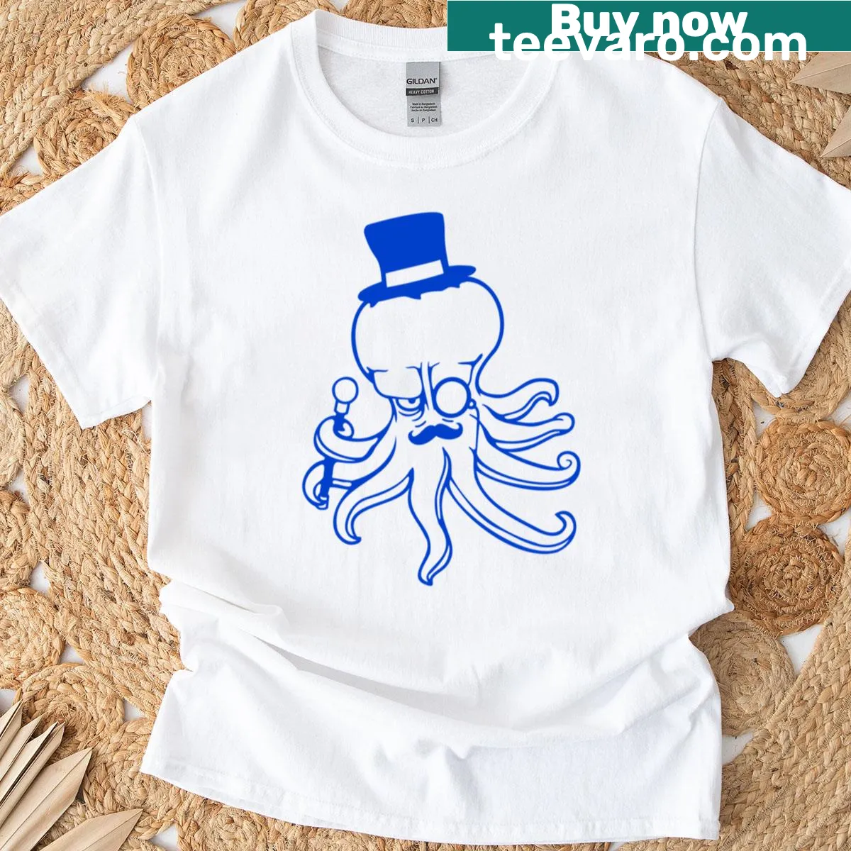Whimsical kraken wearing a top hat and monocle illustration on t-shirt — on a men's t-shirt