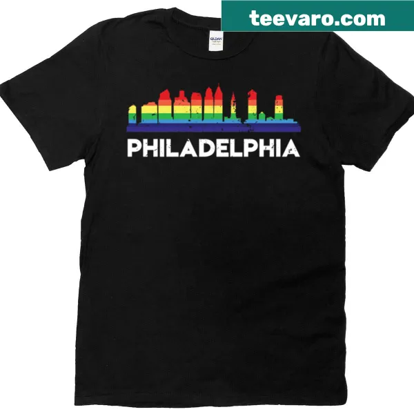 Rainbow flag graphic with Philadelphia skyline on T-shirt