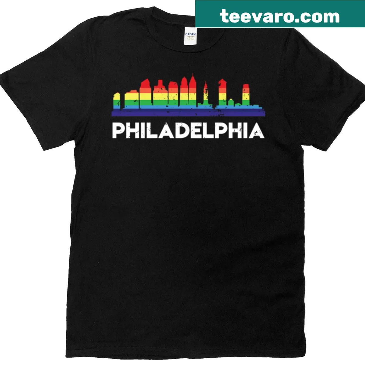 Rainbow flag graphic with Philadelphia skyline on T-shirt — on a men's t-shirt