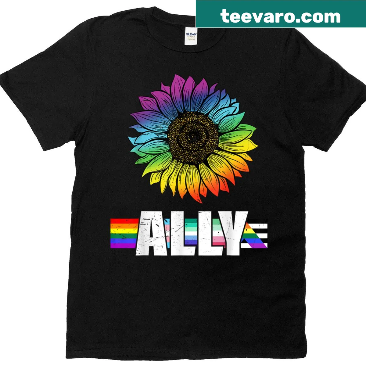 LGBT Gay Ally t-shirt with sunflower and rainbow pride flag — on a men's t-shirt