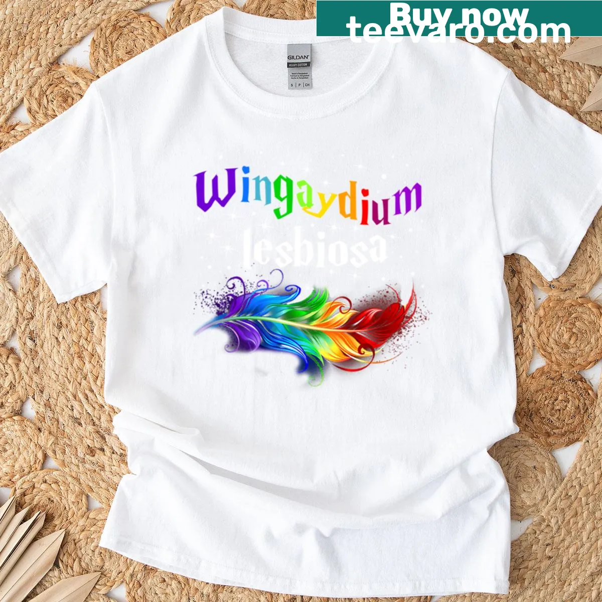 Playful typography featuring 'Wingaydium Lesbiosa' on a pride-themed shirt — on a men's t-shirt