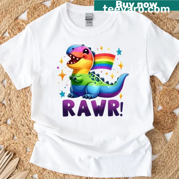 Adorable rainbow-colored dinosaurs celebrating pride on t-shirt