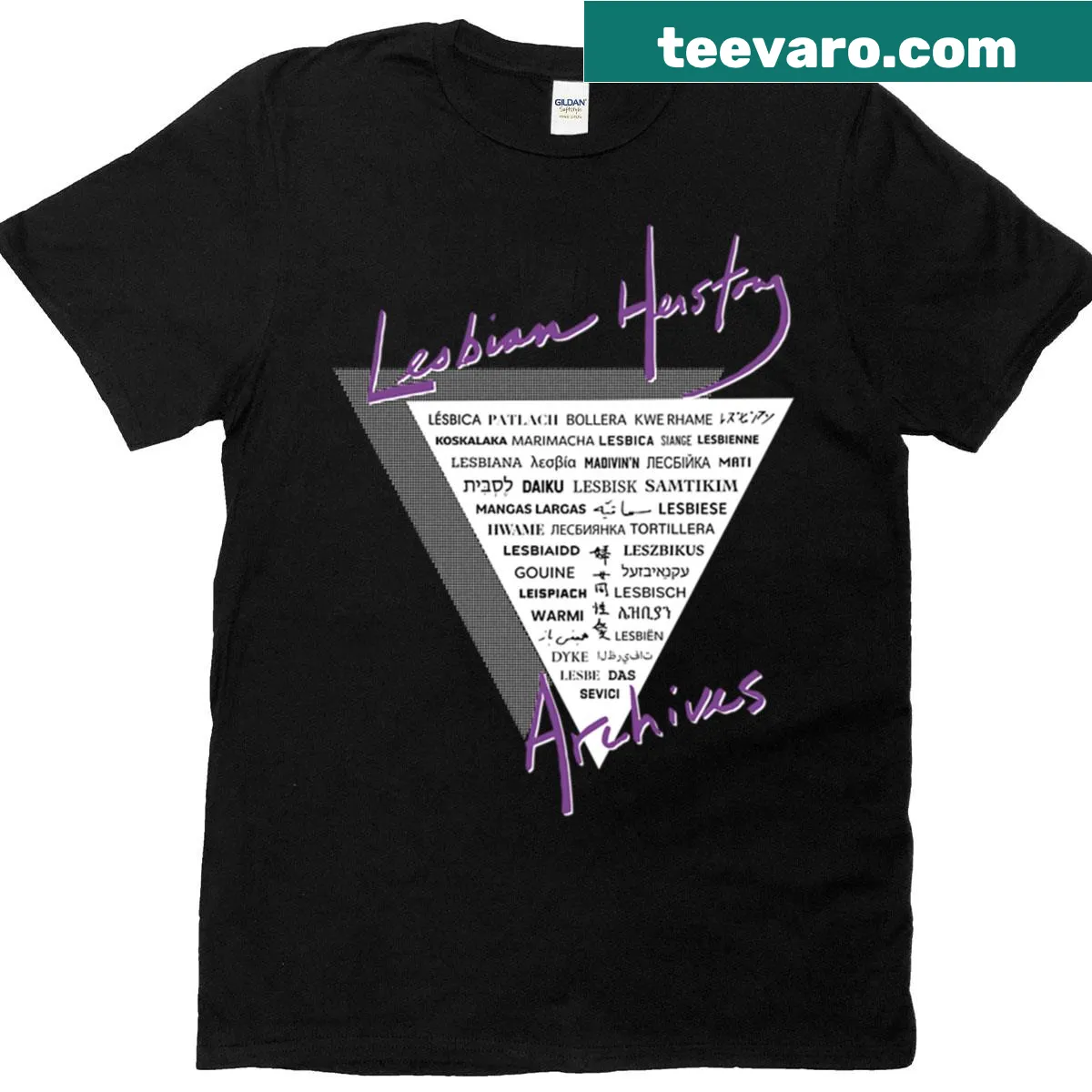 T-shirt with the word 'lesbian' in 40 languages and a triangle design — on a men's t-shirt
