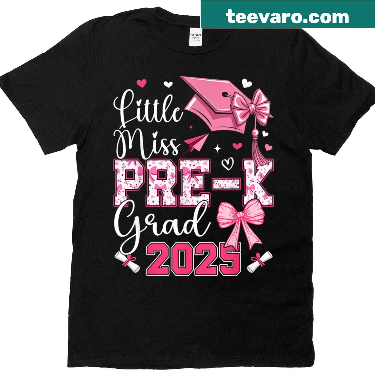 Illustration of a pink bow and text for Little Miss Pre-k Grad 2025. — on a men's t-shirt
