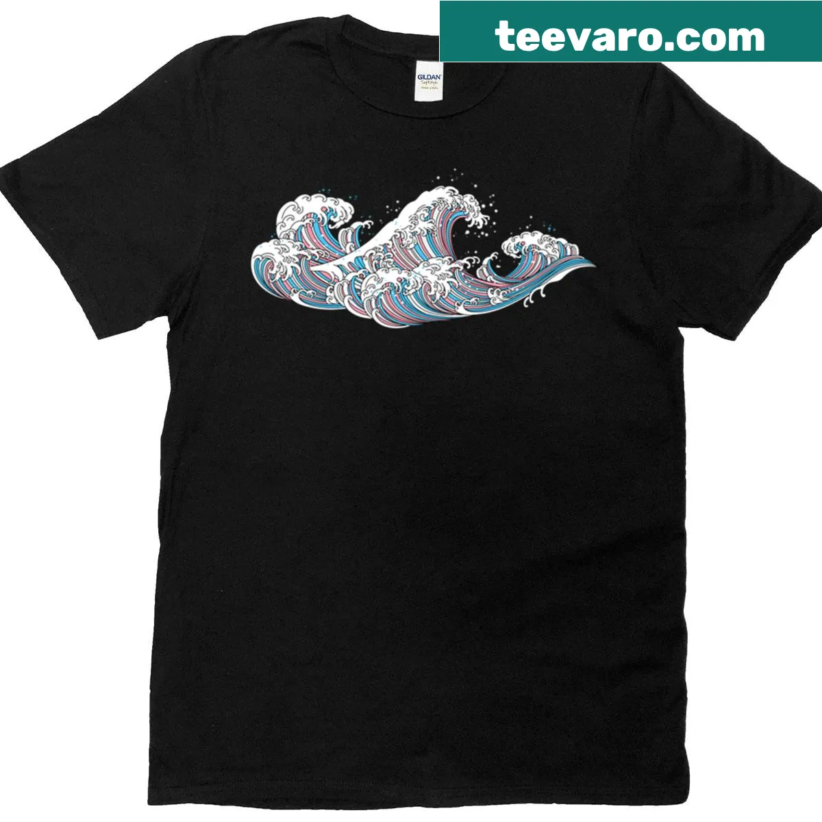 T-shirt featuring transgender pride wave and Japanese text design — on a men's t-shirt
