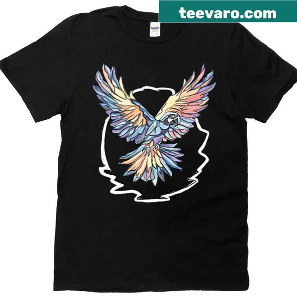 Illustrated macaw design on a T-shirt.