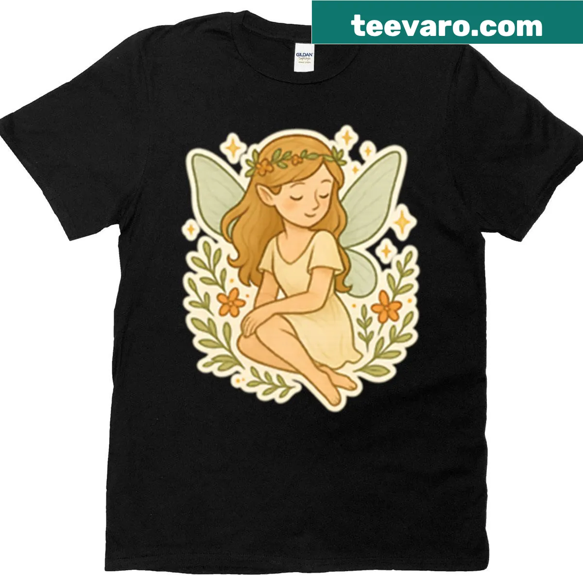 Illustration of a magical fairy surrounded by flowers on a t-shirt — on a men's t-shirt