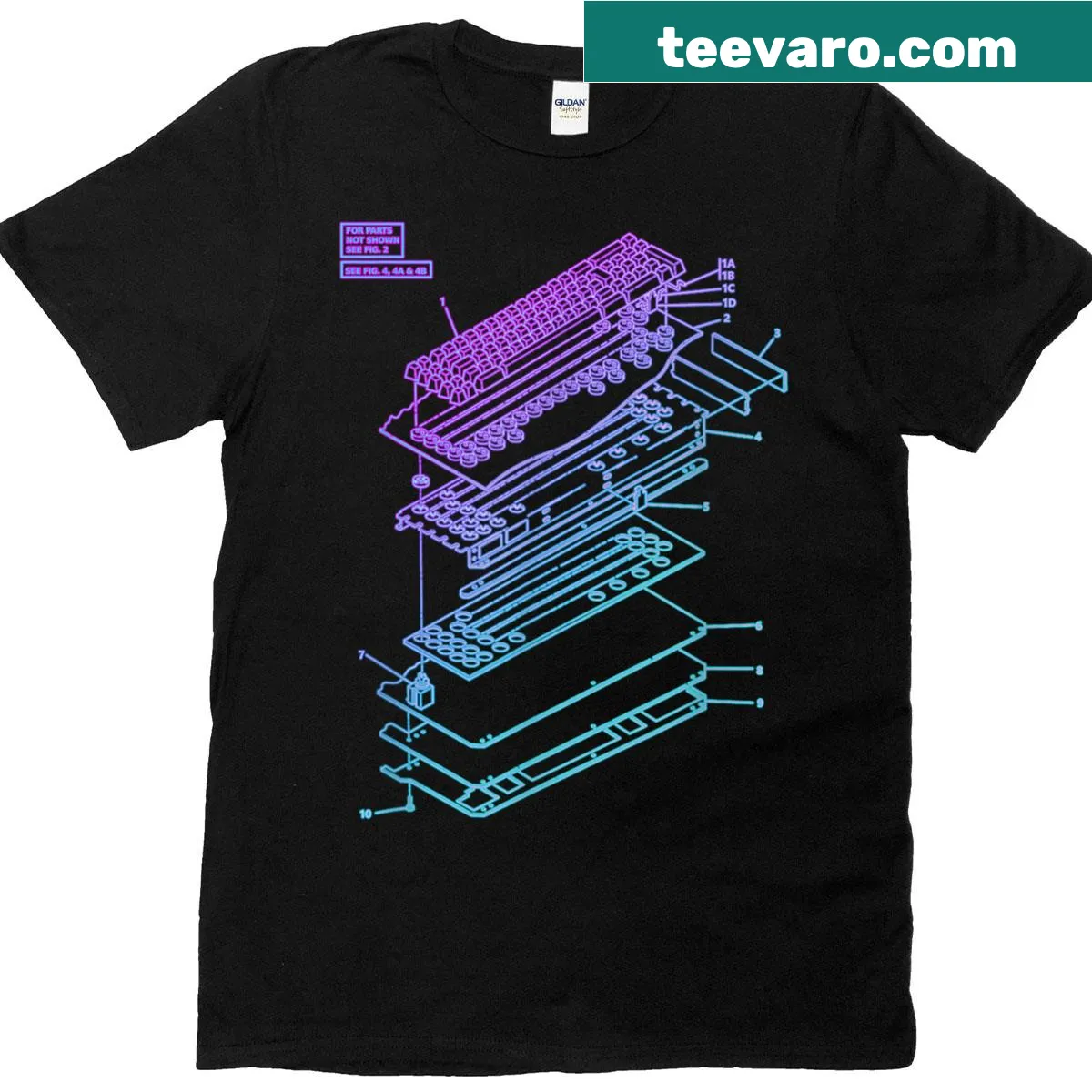 Mechanical keyboard patent drawing graphic t-shirt with illustration — on a men's t-shirt