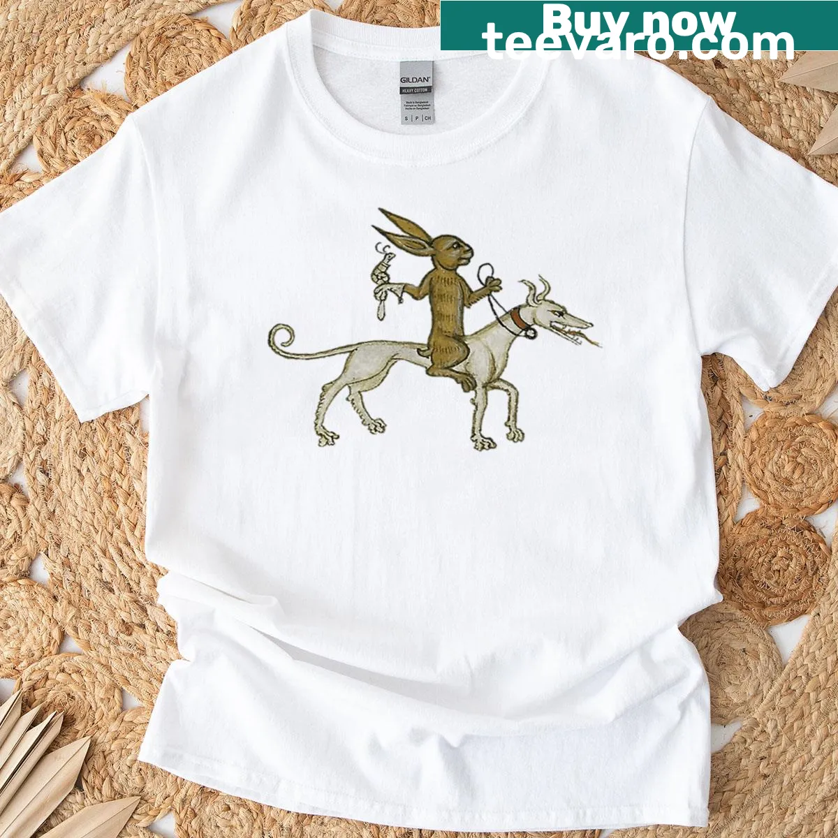 Medieval Hare whimsical graphic t-shirt — on a men's t-shirt