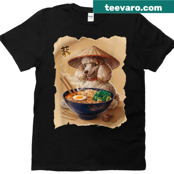 Kawaii graphic of a poodle eating ramen in a cute style.