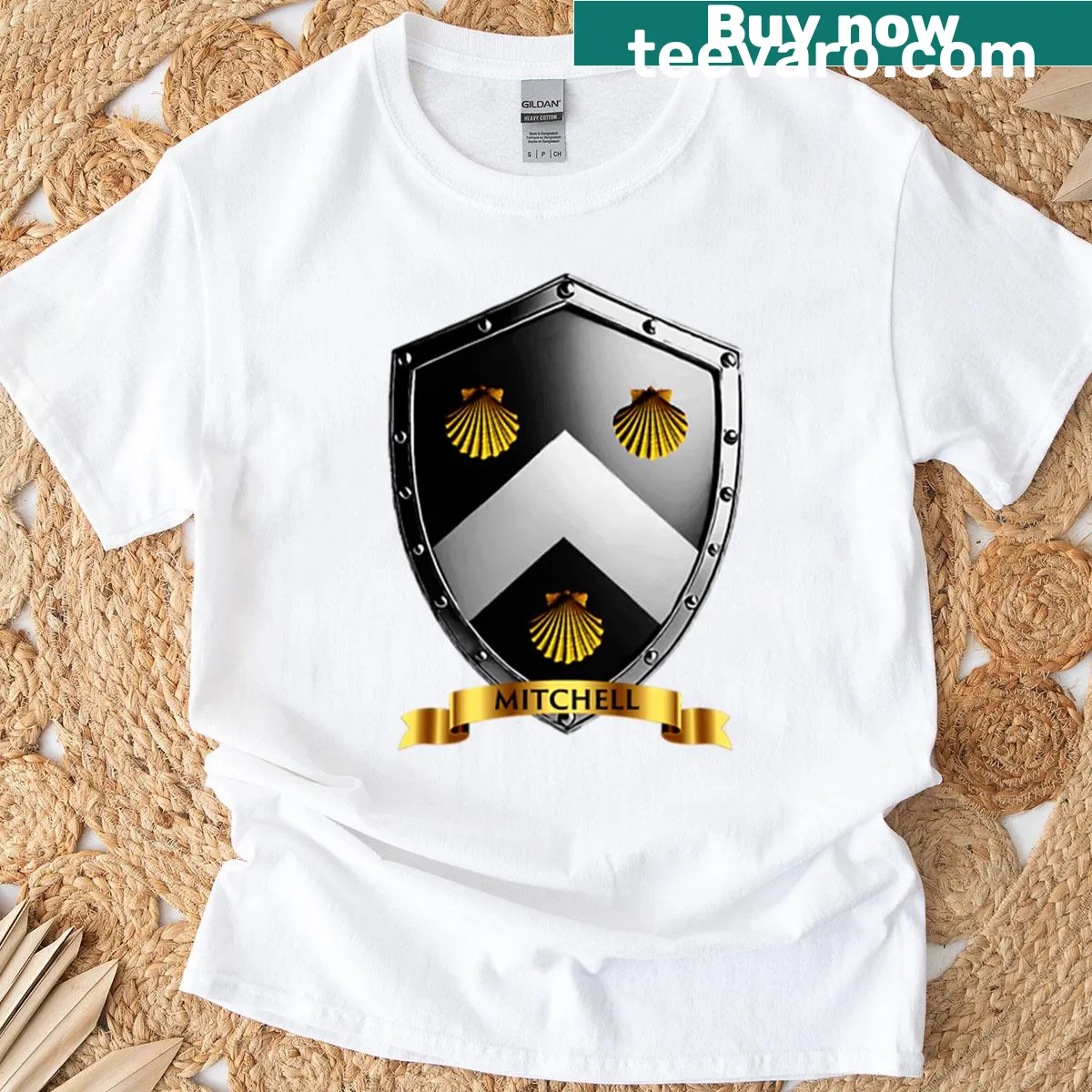 Mitchell Family Shield T-shirt with chevrons and name banner — on a men's t-shirt