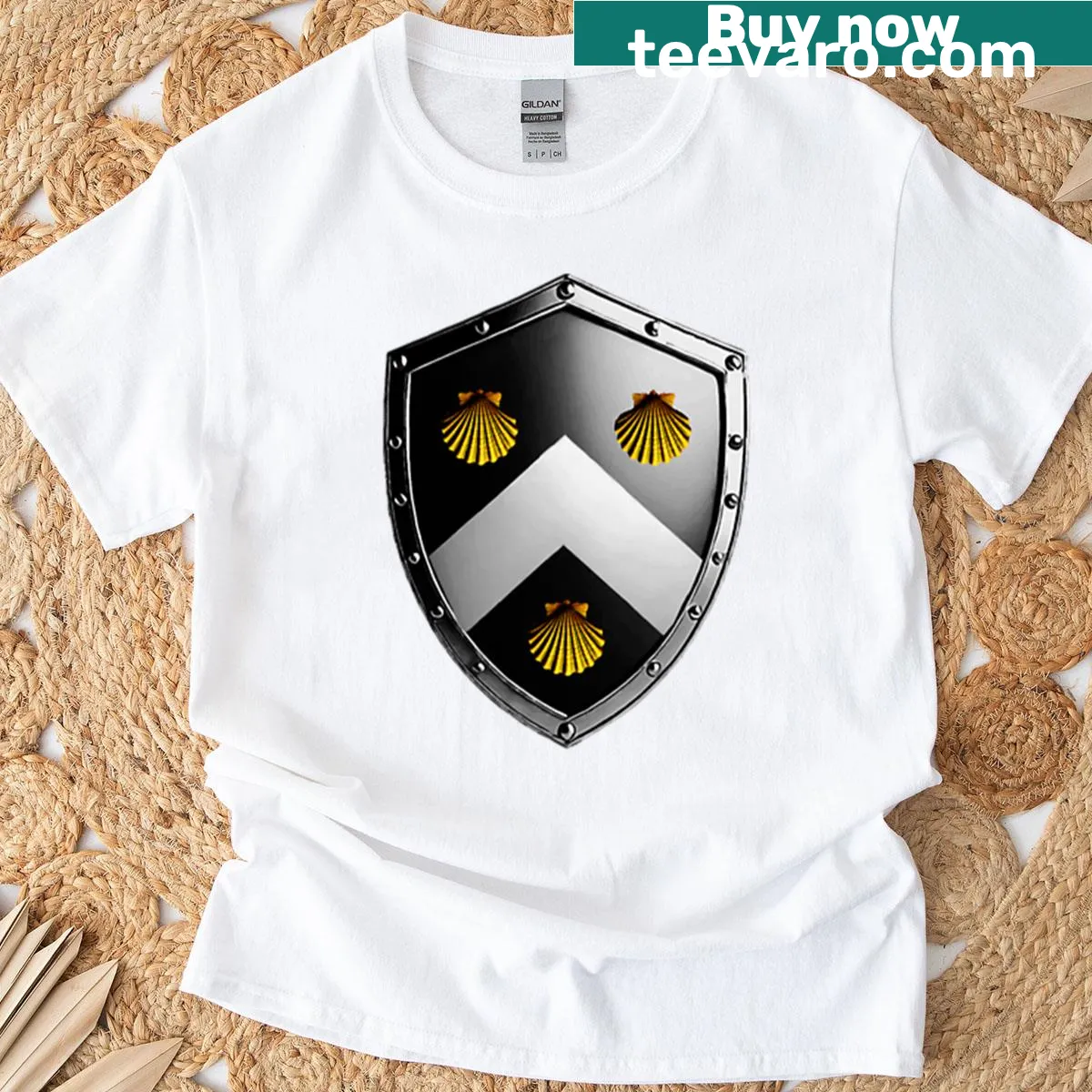 Mitchell Shield T-shirt with chevrons and shells on black — on a men's t-shirt