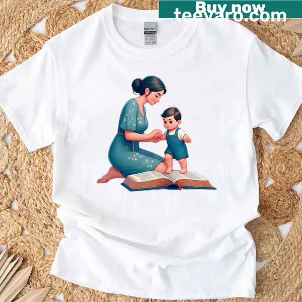 Oversized shirt for moms with baby and Bible-themed text