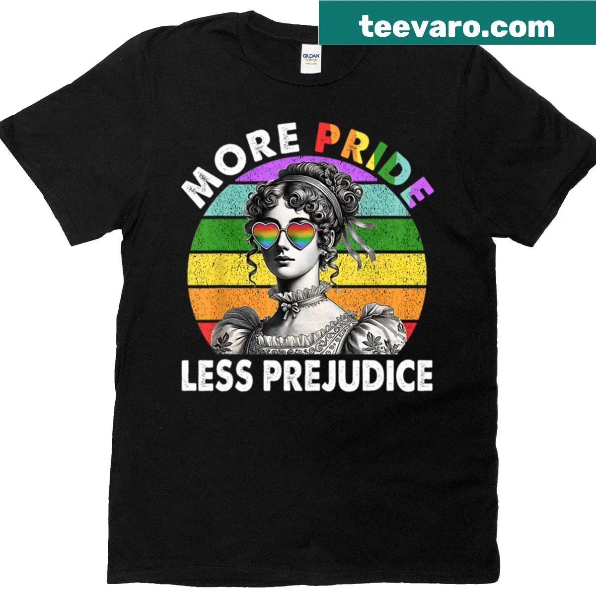 T-shirt featuring 'More Pride Less Prejudice' for LGBTQ+ pride. — on a men's t-shirt
