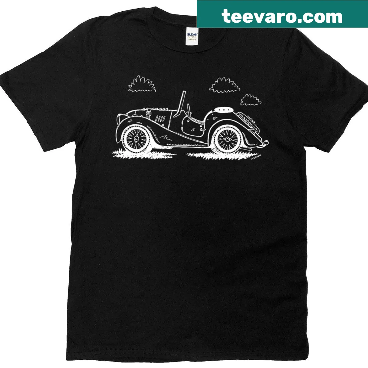 Cartoon illustration of a Morgan Plus 4 British sports car on a t-shirt — on a men's t-shirt