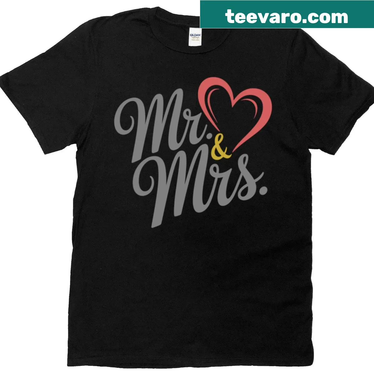 T-shirt with 'Mr & Mrs' and heart illustration, celebrating love. — on a men's t-shirt