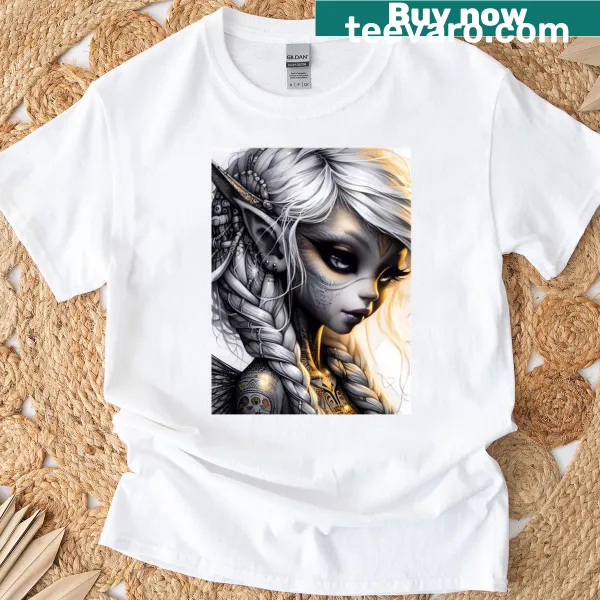 Illustrative t-shirt featuring a cyber elf princess with golden tattoos