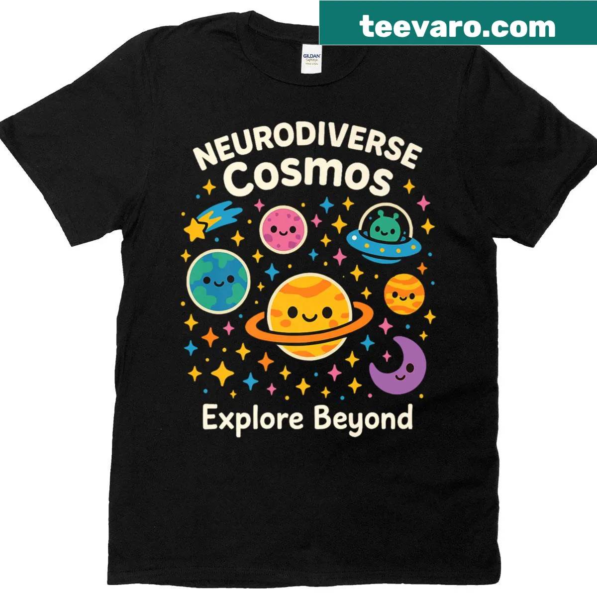Cartoon T-shirt depicting the neurodiverse cosmos with 'Explore Beyond' text — on a men's t-shirt