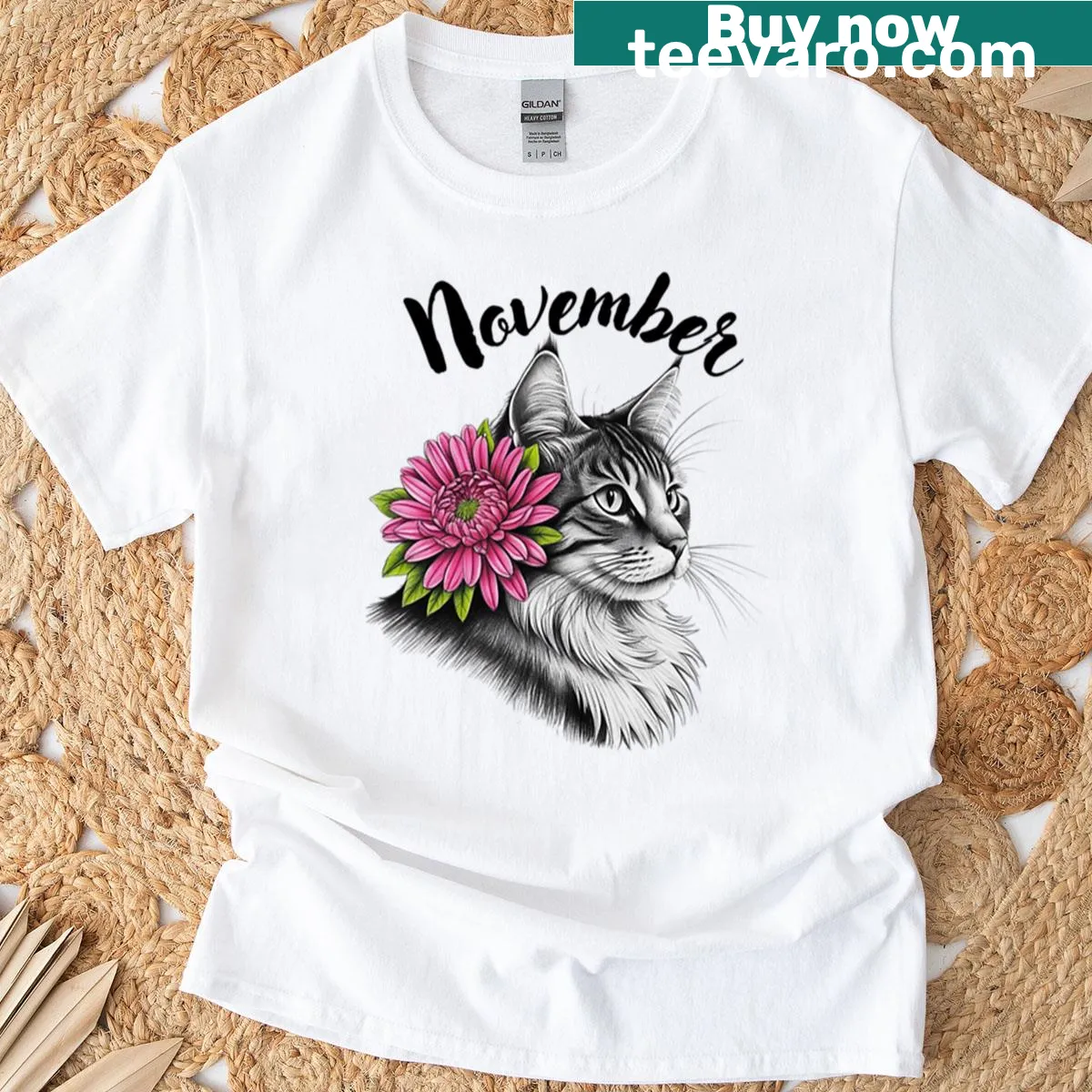 Chrysanthemum with a cat illustrated on T-shirt — on a men's t-shirt