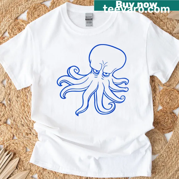 Cartoon octopus design with tentacles and humorous expression.