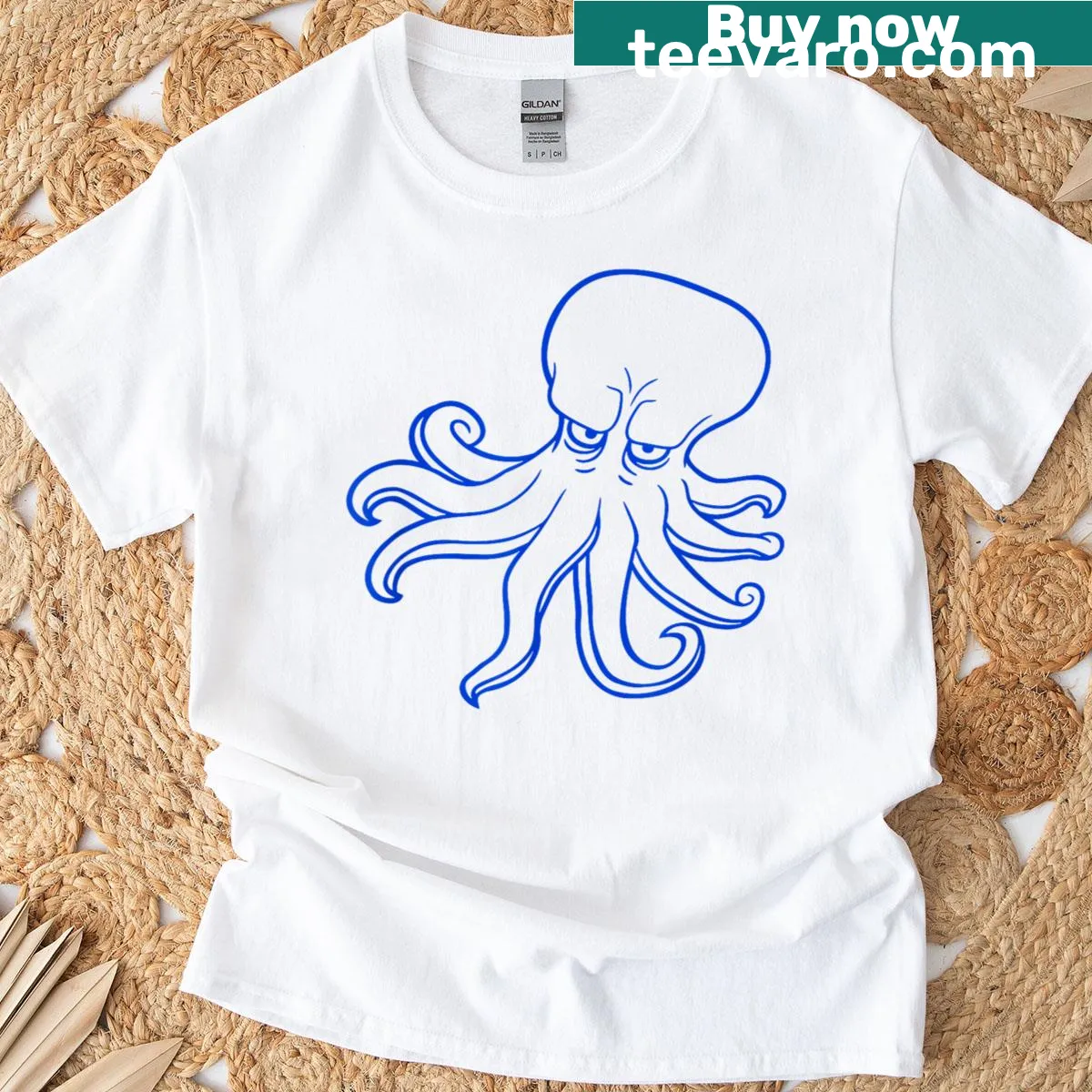 Cartoon octopus design with tentacles and humorous expression. — on a men's t-shirt