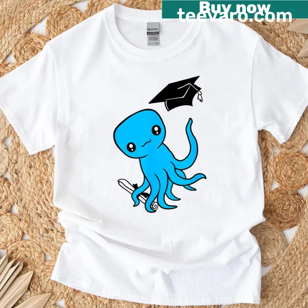 Cartoon octopus with a diploma celebrating graduation.