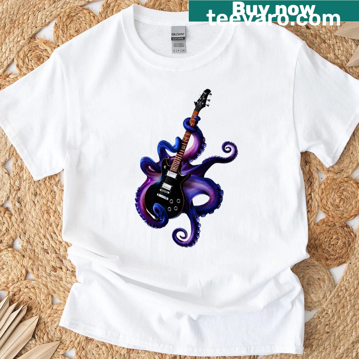 Graphic shirt featuring an octopus playing a guitar — on a men's t-shirt