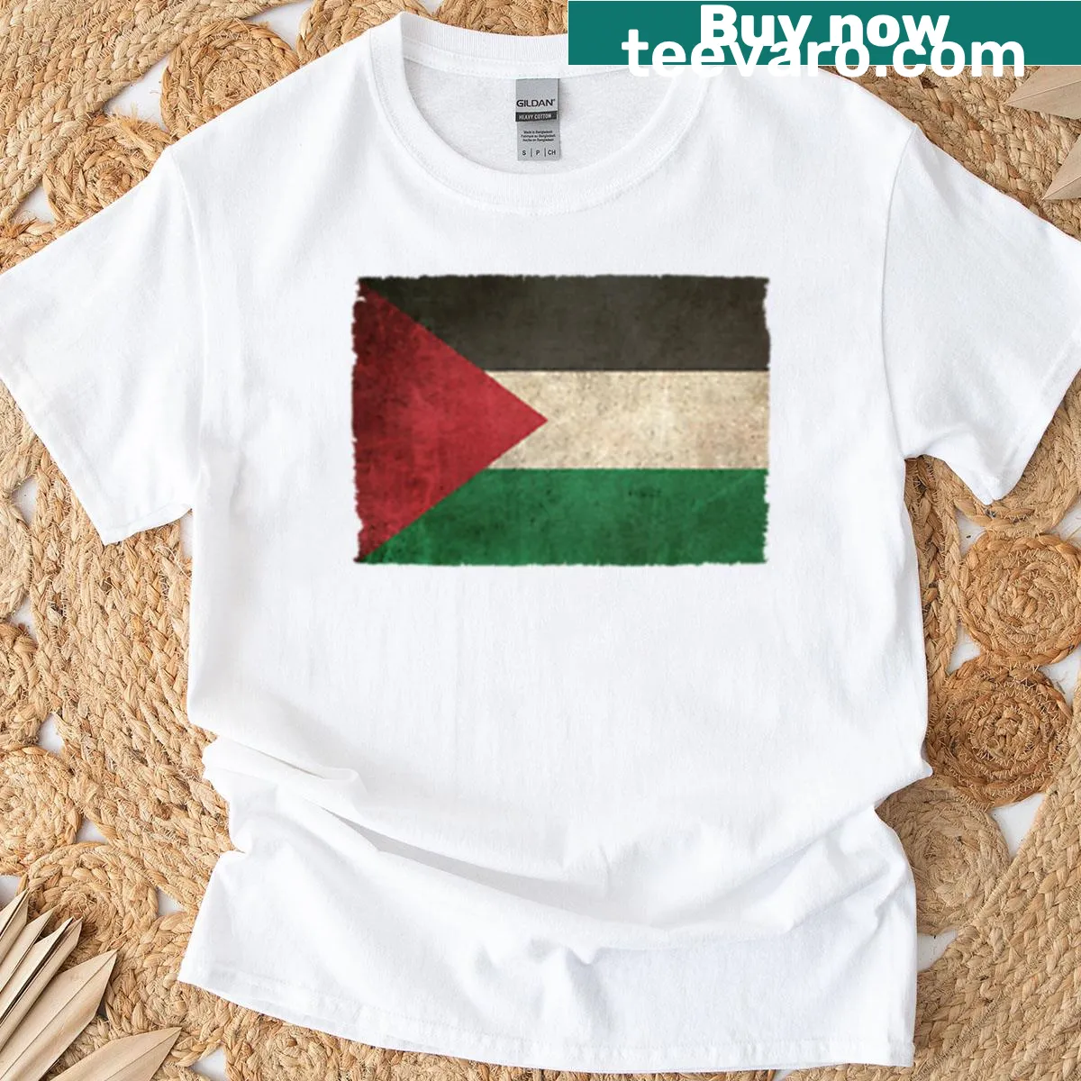 Distressed vintage Palestine flag graphic t-shirt — on a men's t-shirt