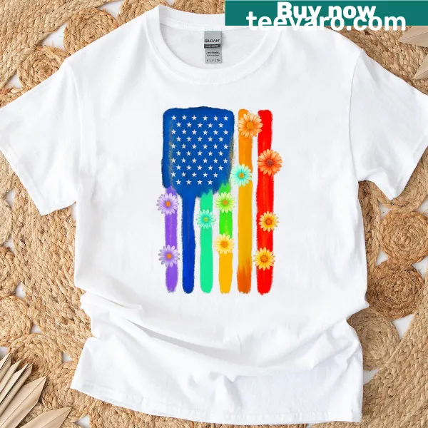 Floral rainbow pride flag graphic on the back of a T-shirt