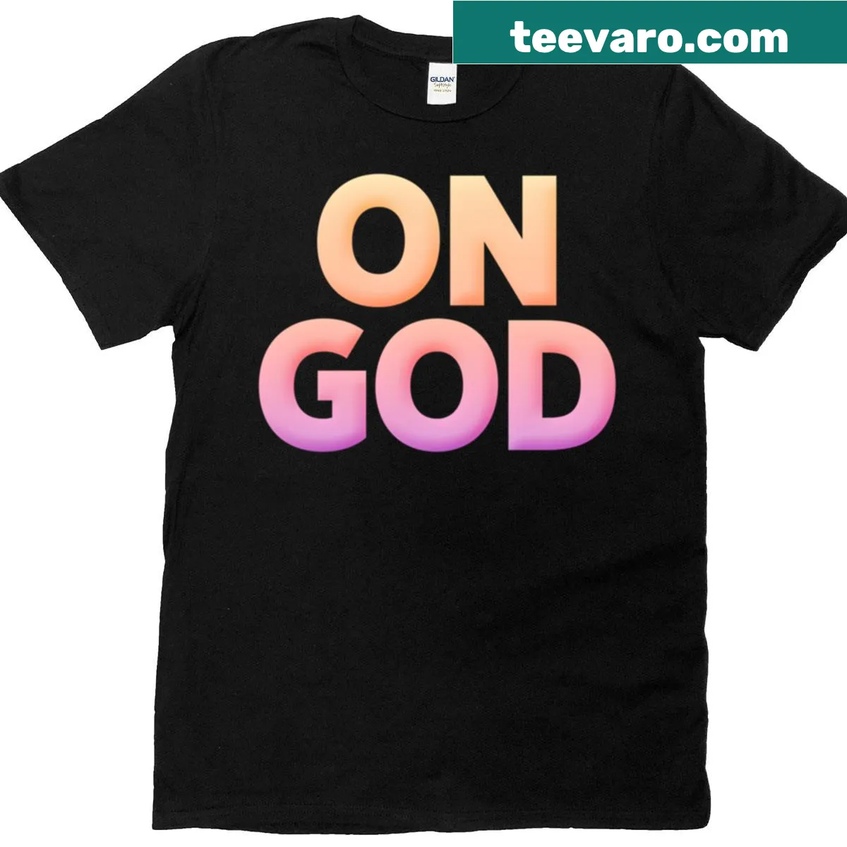 Minimalist On God t-shirt with pastel gradient text — on a men's t-shirt