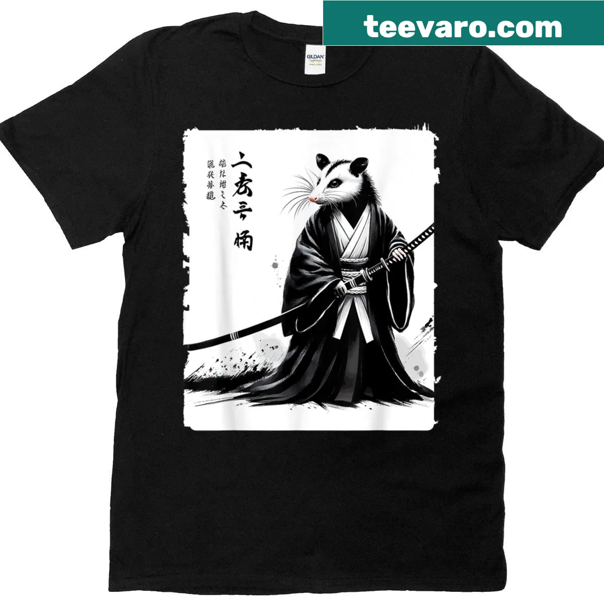 Anime style T-shirt featuring an opossum samurai illustration — on a men's t-shirt