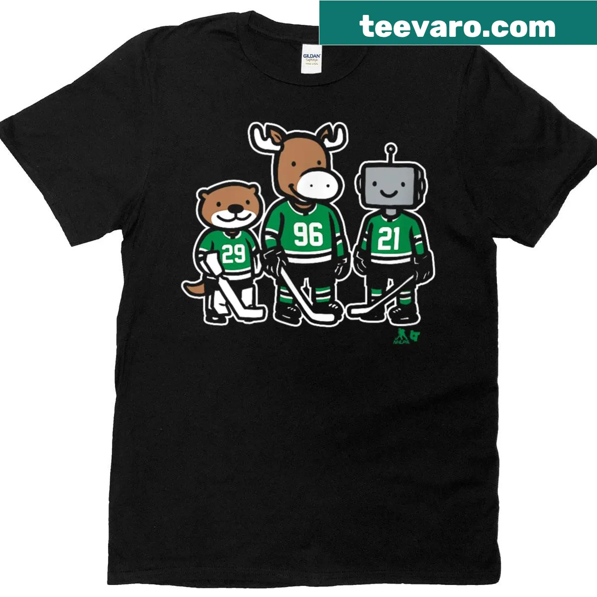 Dallas Hockey T-shirt featuring otter, moose, and robo characters — on a men's t-shirt