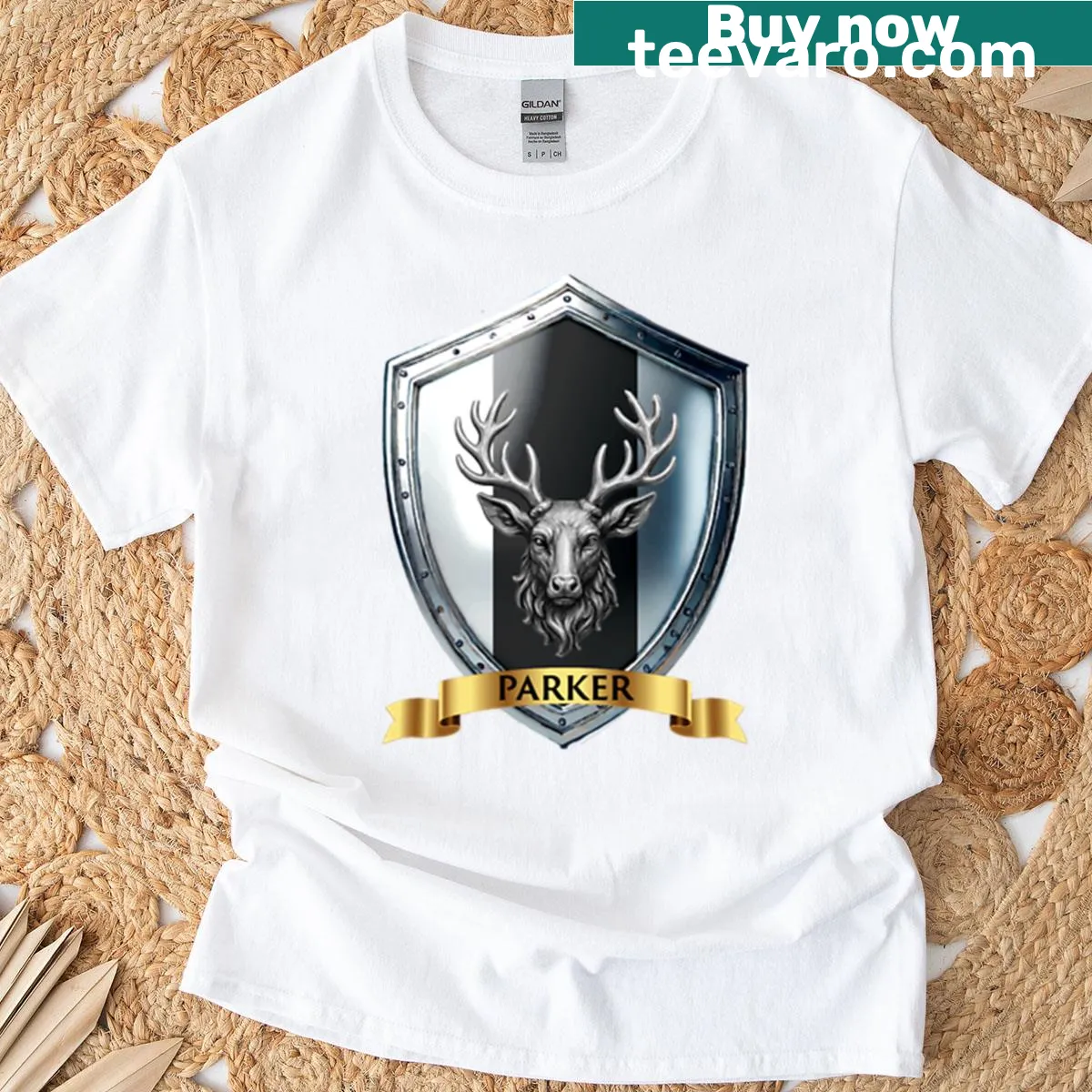 Parker Family Shield crest graphic t-shirt — on a men's t-shirt