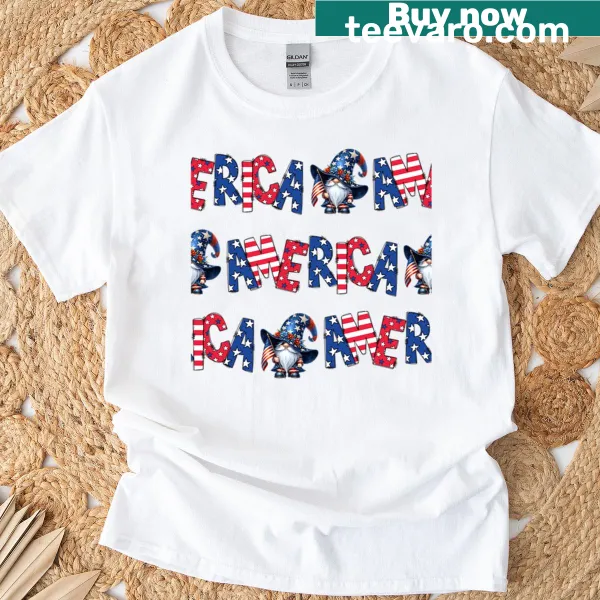 Cartoon gnomes in patriotic colors on an oversized t-shirt