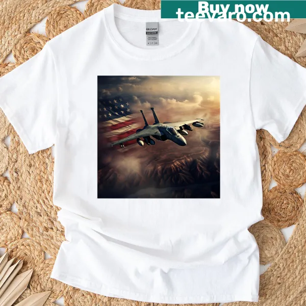 Digital print t-shirt featuring a fighter jet and American flag design