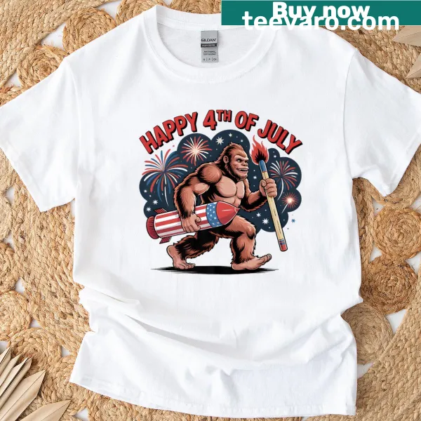 Cartoon Bigfoot with firework and matchstick on t-shirt